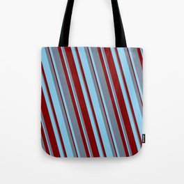 [ Thumbnail: Slate Gray, Sky Blue & Maroon Colored Lined/Striped Pattern Tote Bag ]