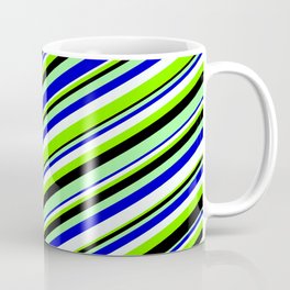 [ Thumbnail: Eyecatching Green, Blue, Mint Cream, Chartreuse, and Black Colored Lined/Striped Pattern Coffee Mug ]