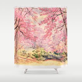 Painting watercolor landscape pink red flower of Wild himalayan cherry tree roadside in the morning with vintage emotion sky cloud background, Hand painted, beauty nature winter season in Thailand. Shower Curtain