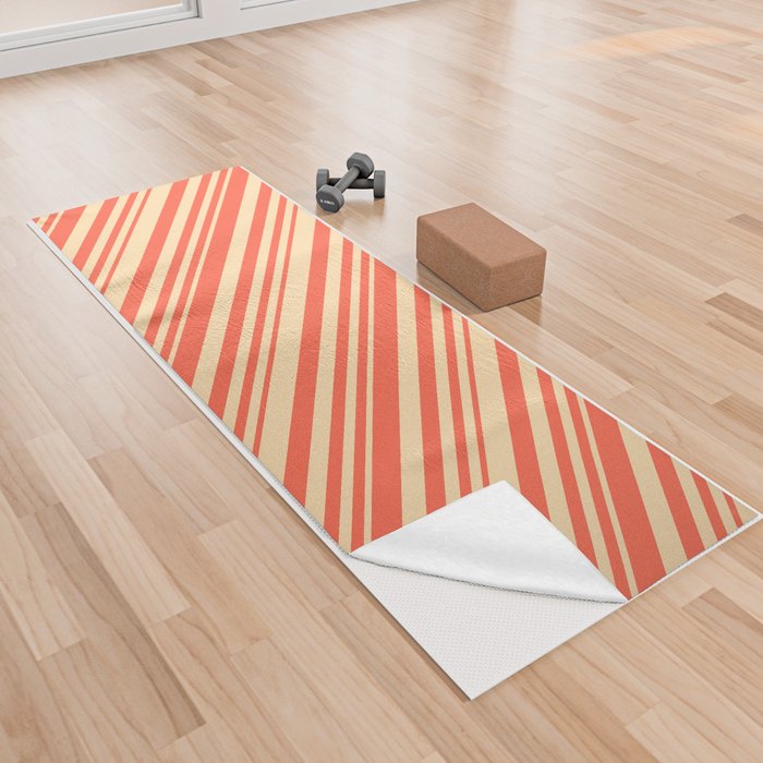 Tan and Red Colored Striped/Lined Pattern Yoga Towel