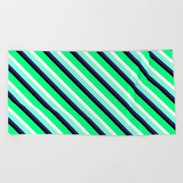 [ Thumbnail: Eyecatching Green, White, Aquamarine, Midnight Blue & Black Colored Stripes Pattern Beach Towel ]