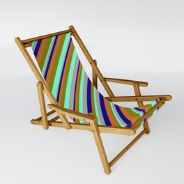 [ Thumbnail: Eyecatching Dark Grey, Blue, Chocolate, Green, and Aquamarine Colored Striped Pattern Sling Chair ]