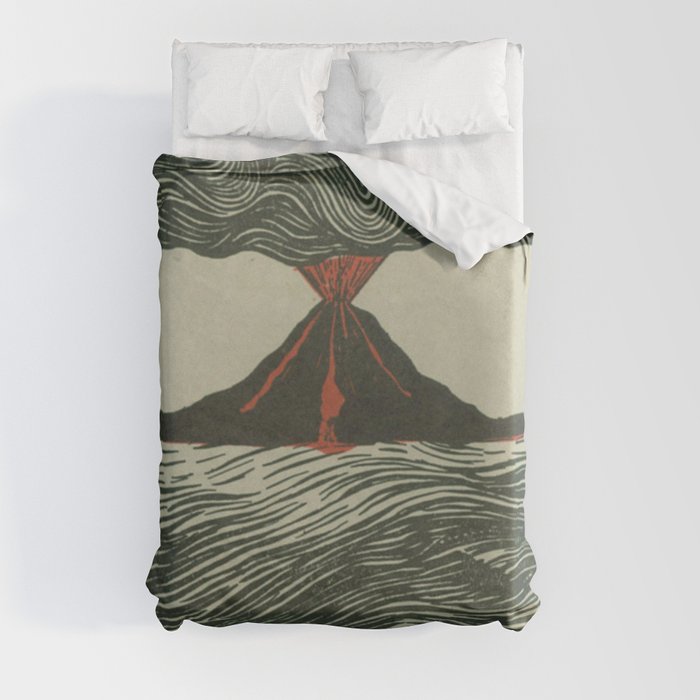 Volcano Woodcut Duvet Cover