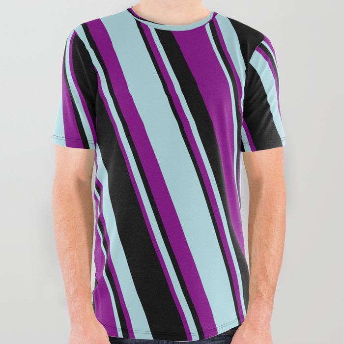 Powder Blue, Purple, and Black Colored Striped/Lined Pattern All Over Graphic Tee