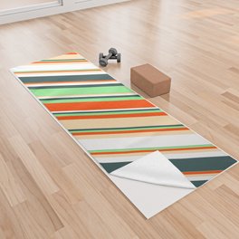[ Thumbnail: Light Green, Red, Tan, White, and Dark Slate Gray Colored Striped Pattern Yoga Towel ]