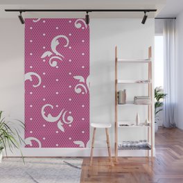 White Floral Curls Lace Vertical Split on Fuchsia Pink Wall Mural