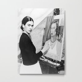 Frida Painting at Easel, Black and White Vintage Photograph Metal Print