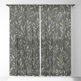 Eucalyptus- Green Leaves Dark Background  Sheer Curtain