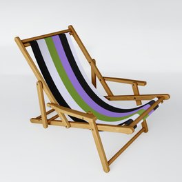 [ Thumbnail: Purple, Green, Lavender & Black Colored Lined/Striped Pattern Sling Chair ]