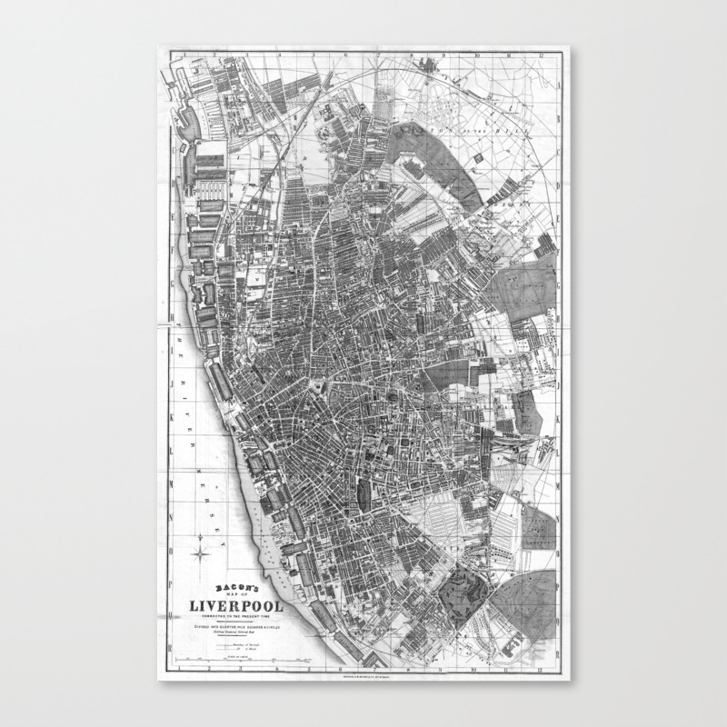 Vintage Map Of Liverpool England 1890 Bw Canvas Print By Bravuramedia Society6