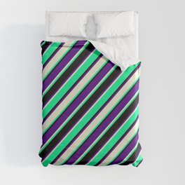 [ Thumbnail: Green, Black, Indigo & Beige Colored Pattern of Stripes Duvet Cover ]