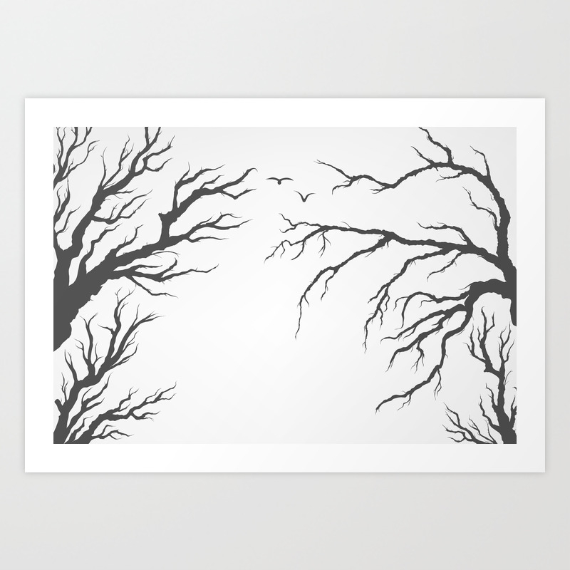 Dried Tree Branches With Birds And Leaves On A Light Background