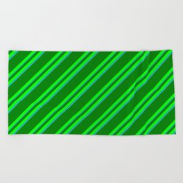 [ Thumbnail: Green, Lime, and Light Sea Green Colored Lined Pattern Beach Towel ]