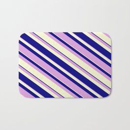 [ Thumbnail: Blue, Plum, and Light Yellow Colored Lines Pattern Bath Mat ]