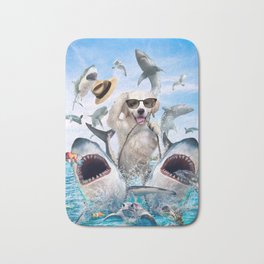 Golden Retriever Riding Sharks Bath Mat | Collage, Glasses, Wearing, Riding, Shark, Sharks, Beach, Ocean, Funny, Sunglasses 
