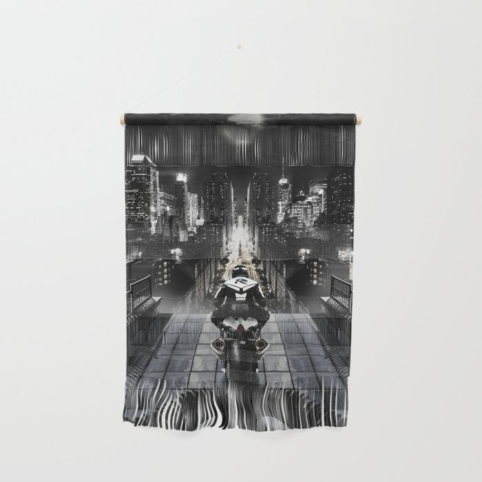 Poster with a biker on a motorcycle in the form of an angel looking into the distance of the urban v Wall Hanging