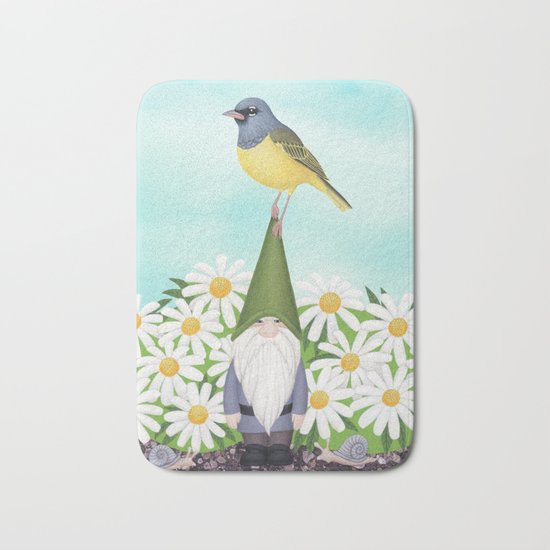 gnome with MacGilivray’s warbler and daisies Bath Mat