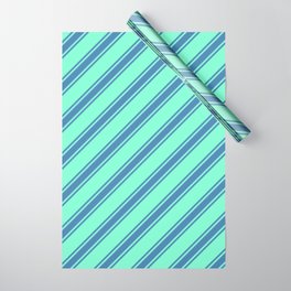 [ Thumbnail: Aquamarine and Blue Colored Striped/Lined Pattern Wrapping Paper ]