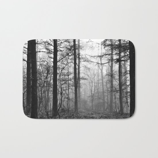 Dark & Eerie Foggy Forest (Black & White) Bath Mat