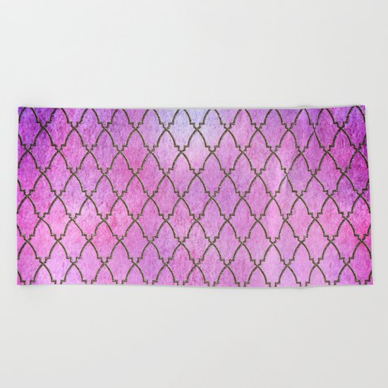 Purple and blue Quatrefoil with Gold Frame- Elegant Morrocan Watercolor Pattern Beach Towel