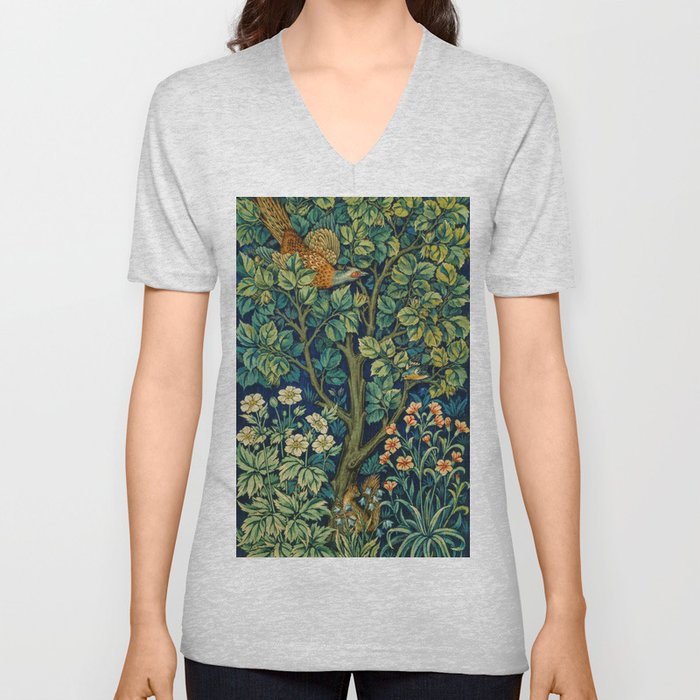 William Morris and John Henry Dearle's Cock Pheasant 19th Century textile floral woodland fabric artwork  V Neck T Shirt