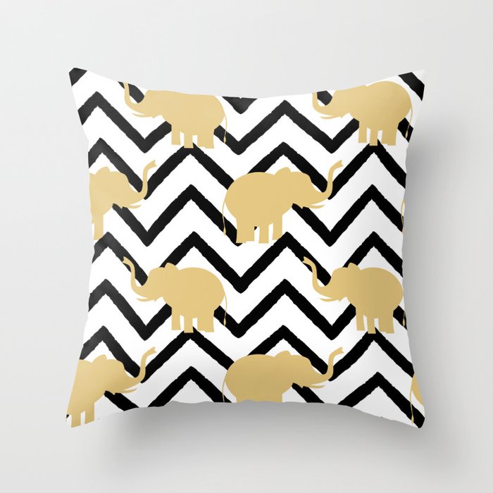 Elephant Gold Silhouette On Abstract Black Chevron Throw Pillow By