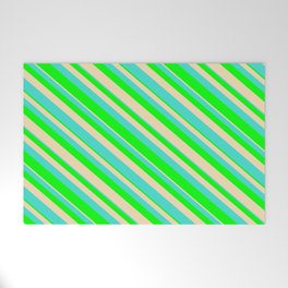 [ Thumbnail: Turquoise, Lime & Tan Colored Lined Pattern Welcome Mat ]