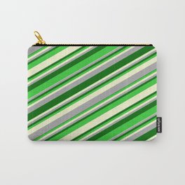 [ Thumbnail: Dark Gray, Dark Green, Lime Green & Light Yellow Colored Stripes/Lines Pattern Carry-All Pouch ]