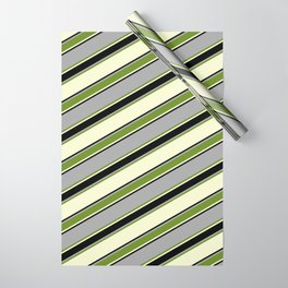 [ Thumbnail: Dark Grey, Green, Light Yellow, and Black Colored Lined Pattern Wrapping Paper ]