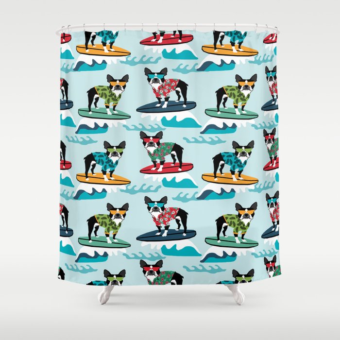 Boston Terrier surfing pattern cute pet gifts dog lovers boston terriers Shower Curtain