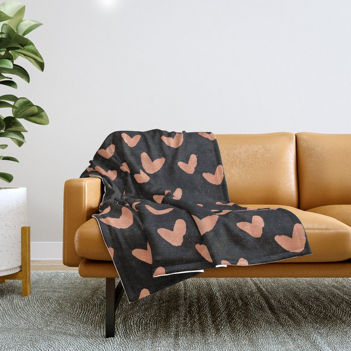 Rose Gold Hearts on Black Throw Blanket