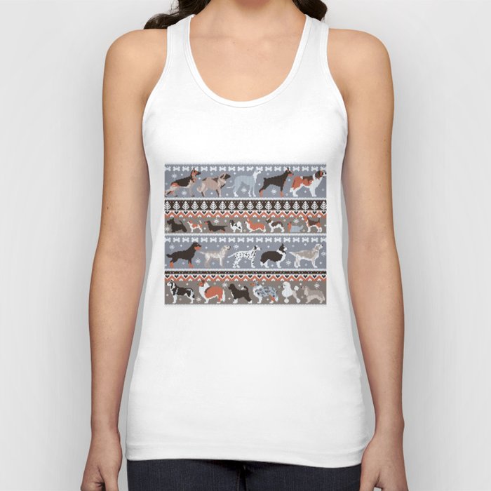 Fluffy and bright fair isle knitting doggie friends // grey and taupe brown background brown orange white and grey dog breeds  Tank Top