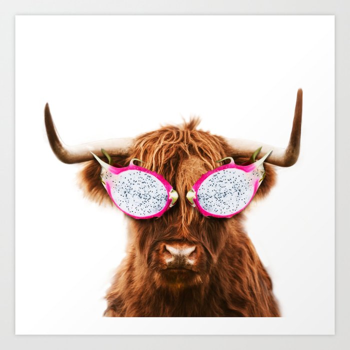 Relaxing Highland cattle with fruits mask in white Art Print
