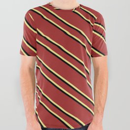 [ Thumbnail: Brown, Tan & Black Colored Lines/Stripes Pattern All Over Graphic Tee ]