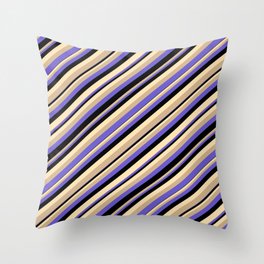 [ Thumbnail: Tan, Slate Blue, Black, and Beige Colored Stripes/Lines Pattern Throw Pillow ]