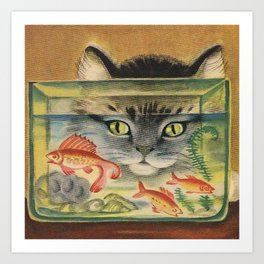 Cat Looking at Goldfish Vintage Art Art Print