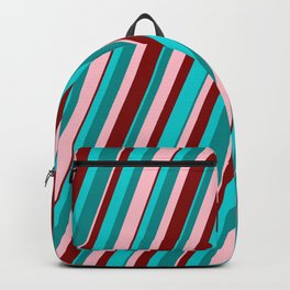 [ Thumbnail: Dark Turquoise, Dark Cyan, Pink & Maroon Colored Pattern of Stripes Backpack ]