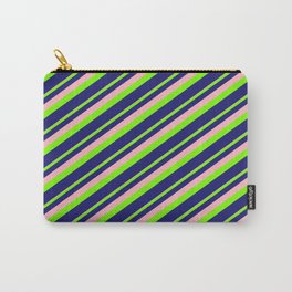 [ Thumbnail: Light Pink, Green, and Midnight Blue Colored Striped/Lined Pattern Carry-All Pouch ]