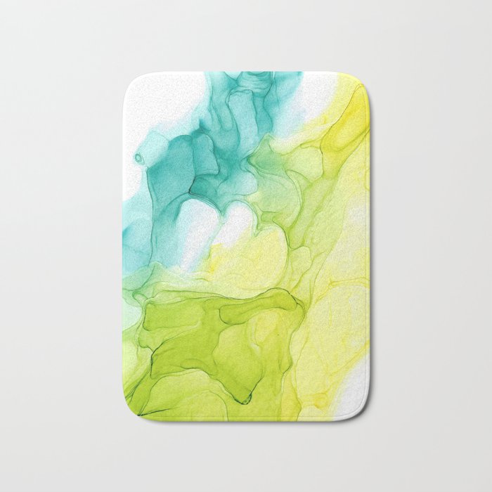 Turquoise Green Yellow Double Heart Abstract Alcohol Ink Painting by Herzart Bath Mat