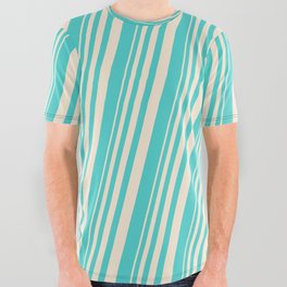 [ Thumbnail: Beige and Turquoise Colored Lines Pattern All Over Graphic Tee ]