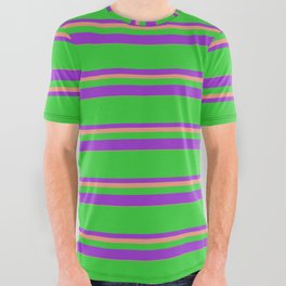 [ Thumbnail: Lime Green, Dark Orchid, and Dark Salmon Colored Lines/Stripes Pattern All Over Graphic Tee ]