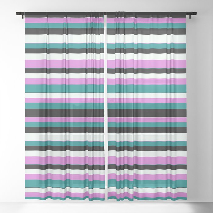Orchid, Teal, Black, and Mint Cream Colored Striped/Lined Pattern Sheer Curtain