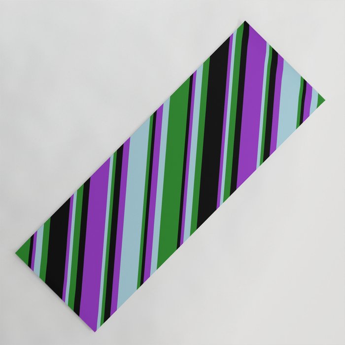 Dark Orchid, Light Blue, Forest Green, and Black Colored Stripes/Lines Pattern Yoga Mat