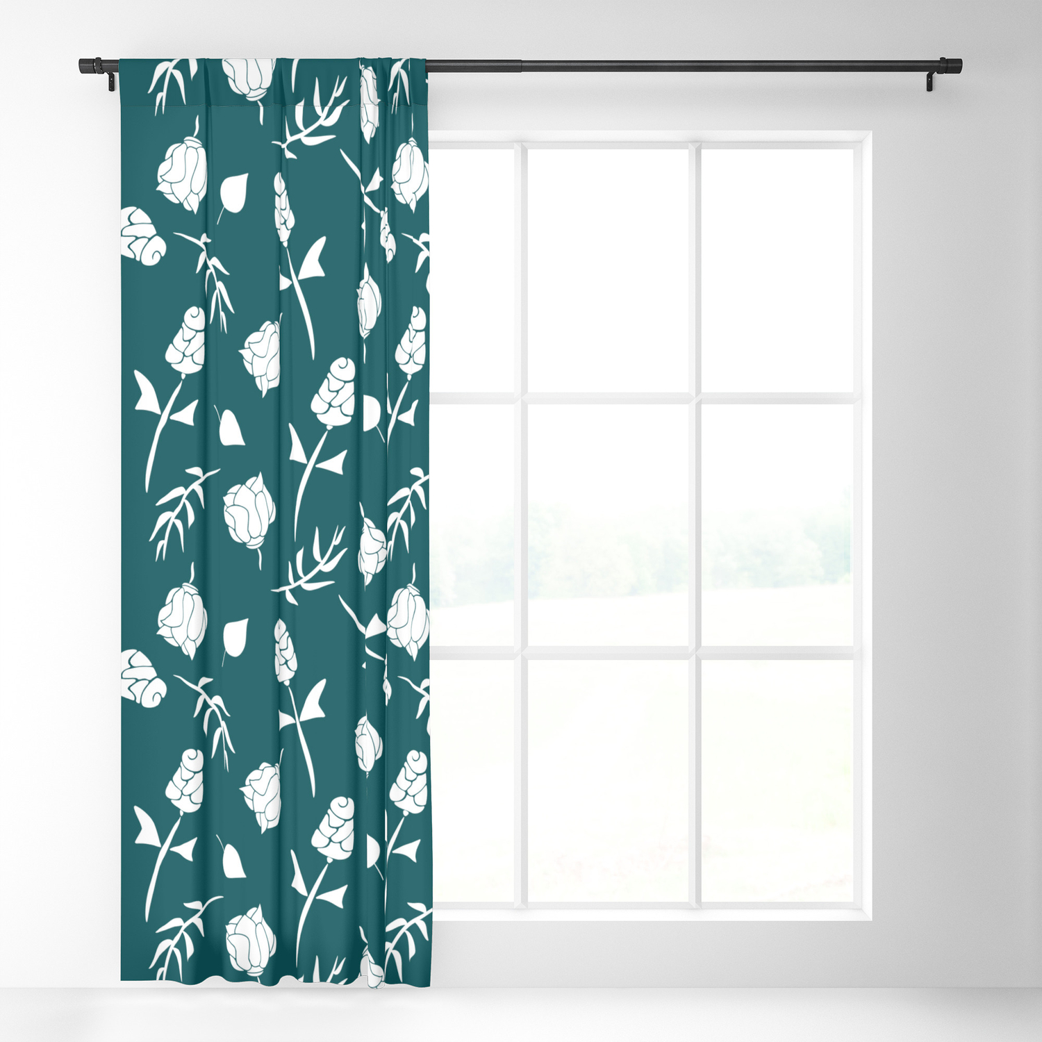 Dark Teal And White Floral Pattern Blackout Curtain By
