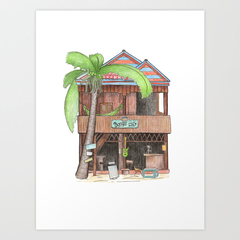 Tropical Island Hut With Palm Travel Sketch From Koh Rong Island