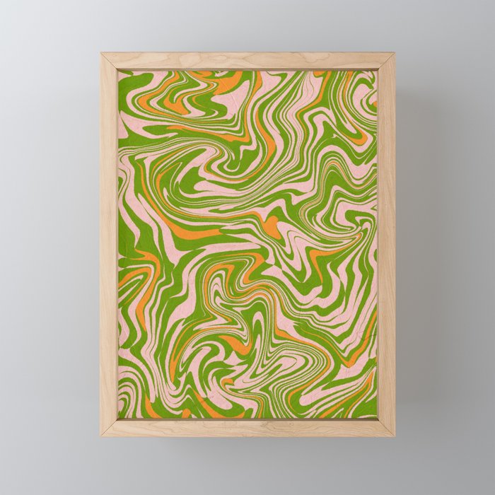 Retro green liquid marbling pattern Framed Mini Art Print