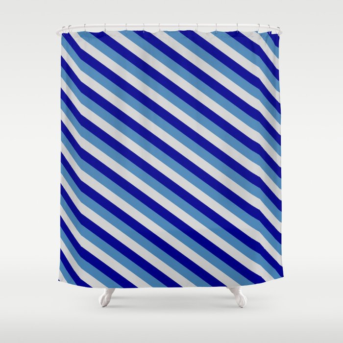 Blue, Light Grey, and Dark Blue Colored Striped/Lined Pattern Shower Curtain