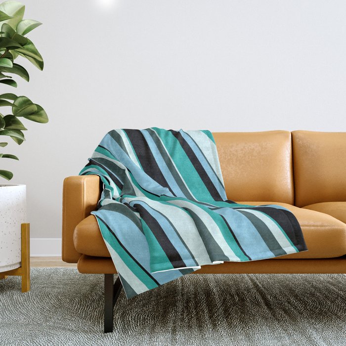 Light Sea Green, Light Cyan, Dark Slate Gray, Sky Blue, and Black Colored Striped/Lined Pattern Throw Blanket