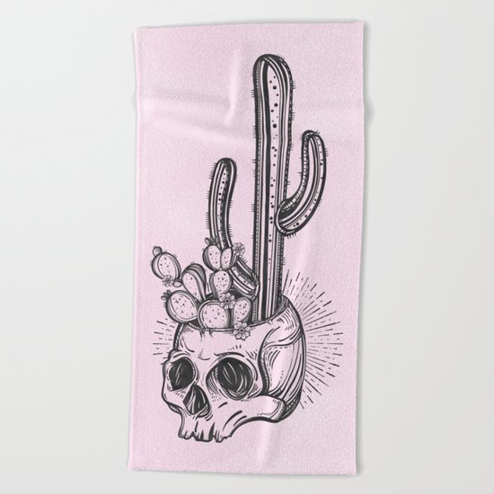 Cactus Skull Black on Pink Beach Towel