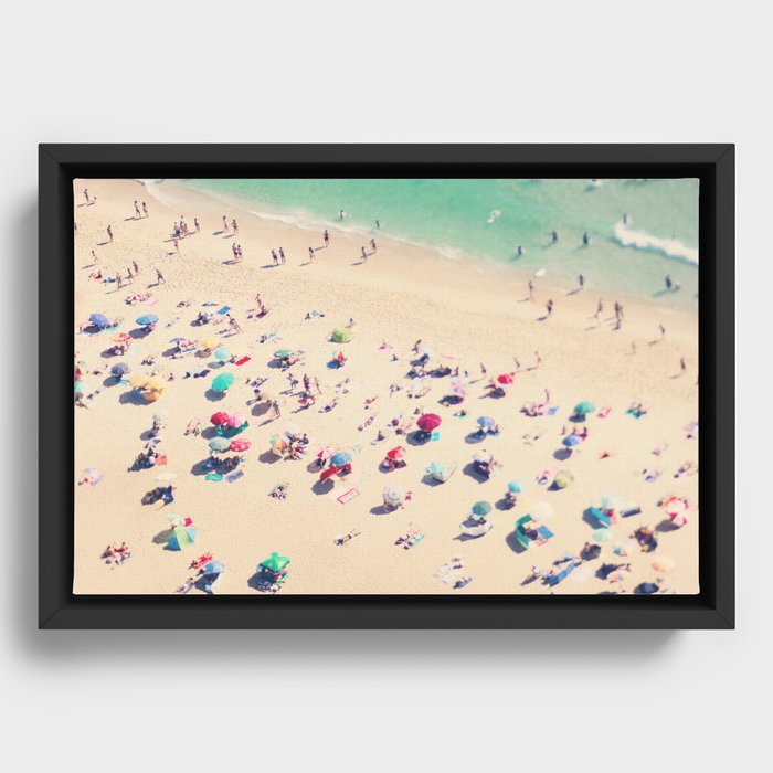 Aerial Beach Photography - Ocean Print - Colorful Beach Umbrellas - Sea photo by Ingrid Beddoes Framed Canvas